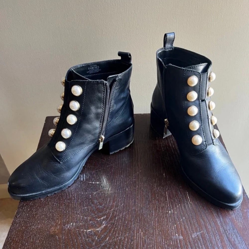 Lord & Taylor Black Heeled Boots with Pearl Accents